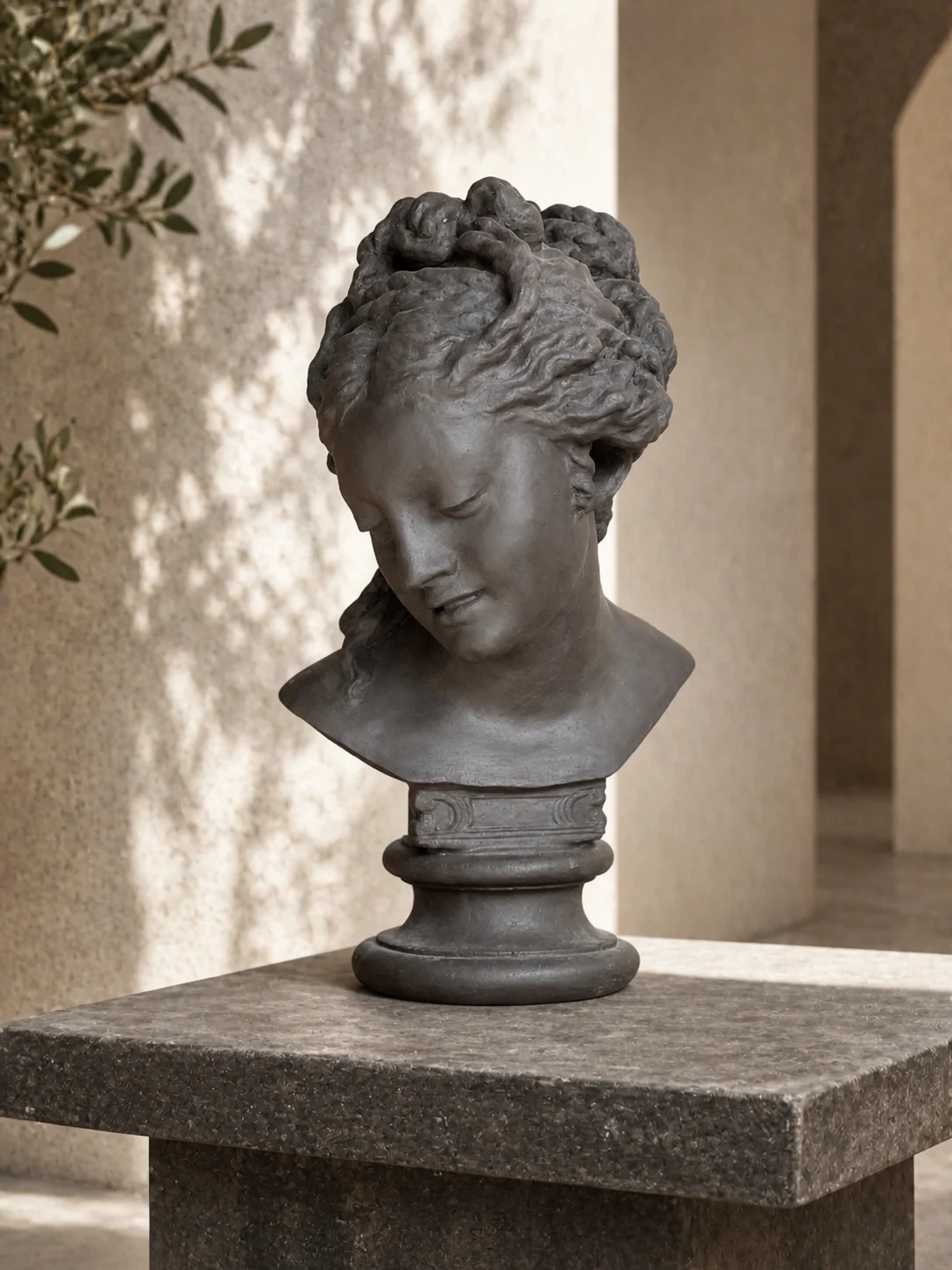 Aphrodite III, buste sculpté en terre anthracite
