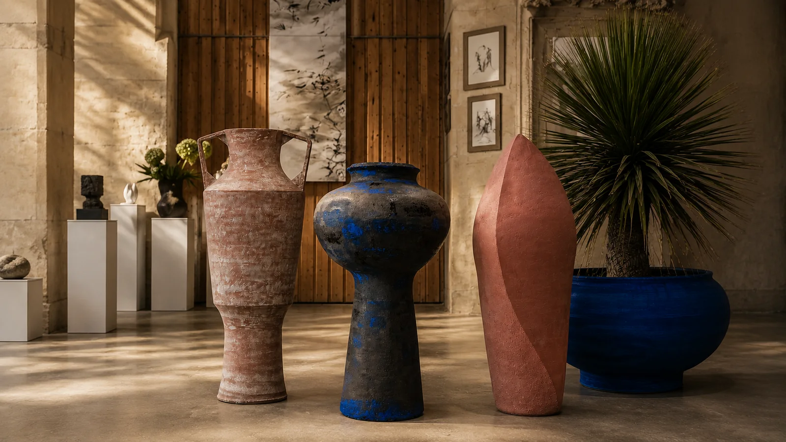 Sélection de sculptures céramiques Ceramic Factory dans un espace architectural